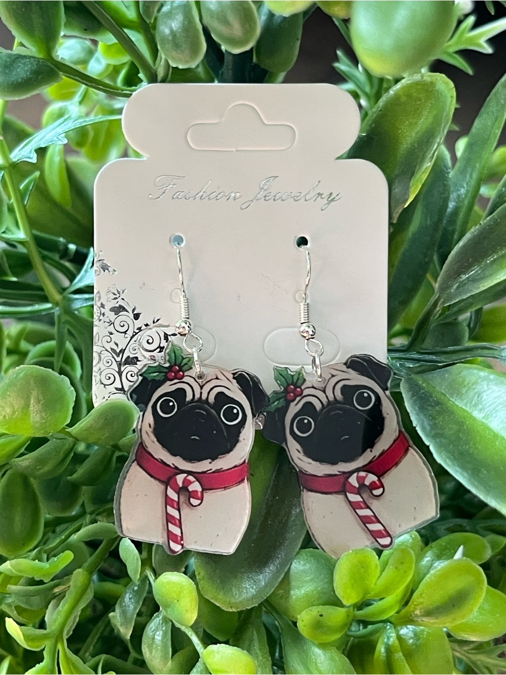 Pug Holiday Dog Earrings w/Paw Print Bag πΎππΎ Festive Design - Picture 6 of 9